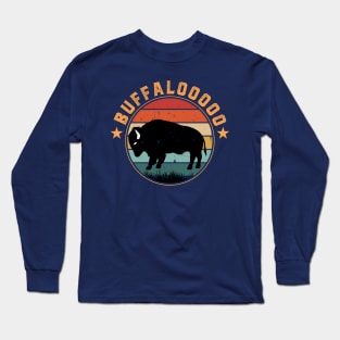 Lucky Buffalo Buffalooooo Retro Sunset Nature Wildlife Long Sleeve T-Shirt